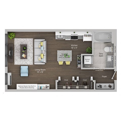 Floor plan for studio, 1 bath, 500 sqft